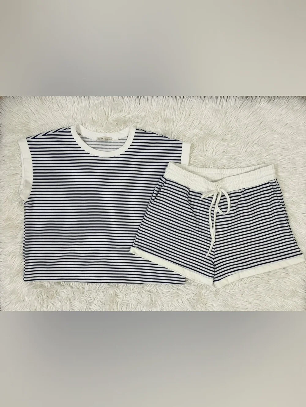 Striped Blue & White Lounge Short Set - Women
